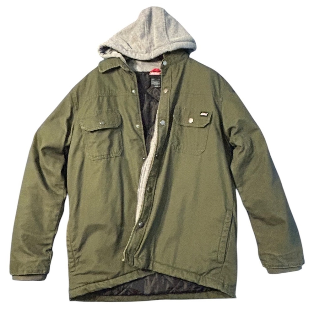 Genuine Dickies Hooded Canvas Work Jacket Insulated Olive Green Quilted Lined L